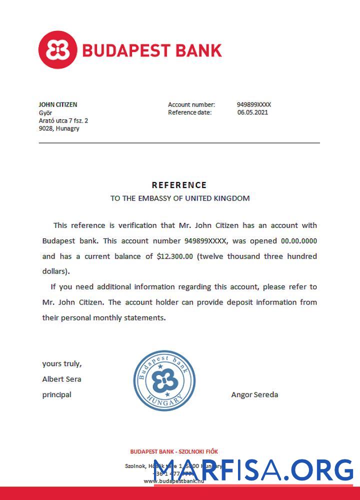 Printable Hungary Budapest Bank reference download for verification